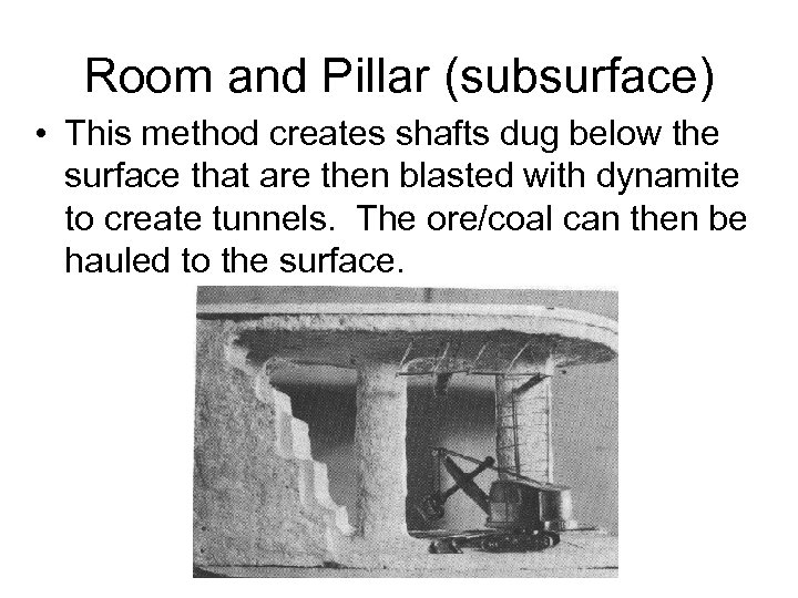 Room and Pillar (subsurface) • This method creates shafts dug below the surface that