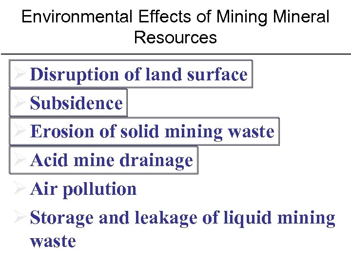 Environmental Effects of Mining Mineral Resources Ø Disruption of land surface Ø Subsidence Ø