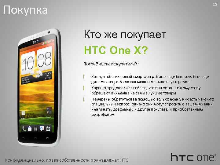 Покупка 13 Кто же покупает HTC One X? Потребности покупателей: | | | Хотят,
