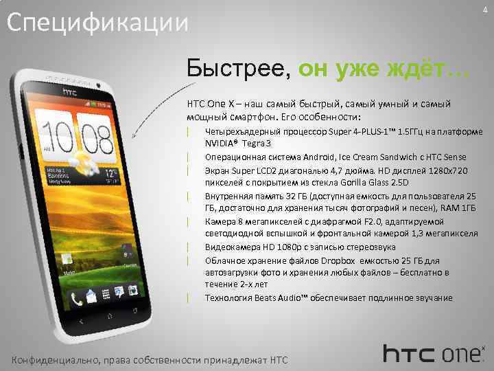 Спецификации 4 Быстрее, он уже ждёт… HTC One X – наш самый быстрый, самый
