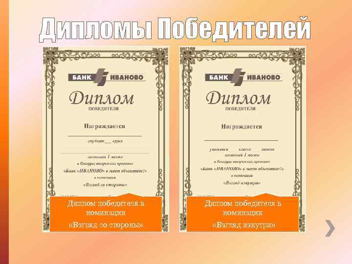 Дипломы Победителей Диплом победителя в номинации «Взгляд со стороны» Диплом победителя в номинации «Взгляд