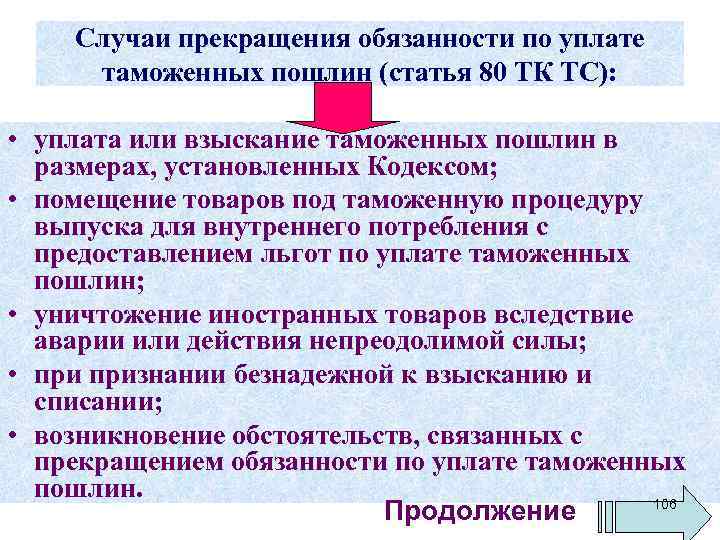 Случаи прекращения обязанности по уплате таможенных пошлин (статья 80 ТК ТС): • уплата или