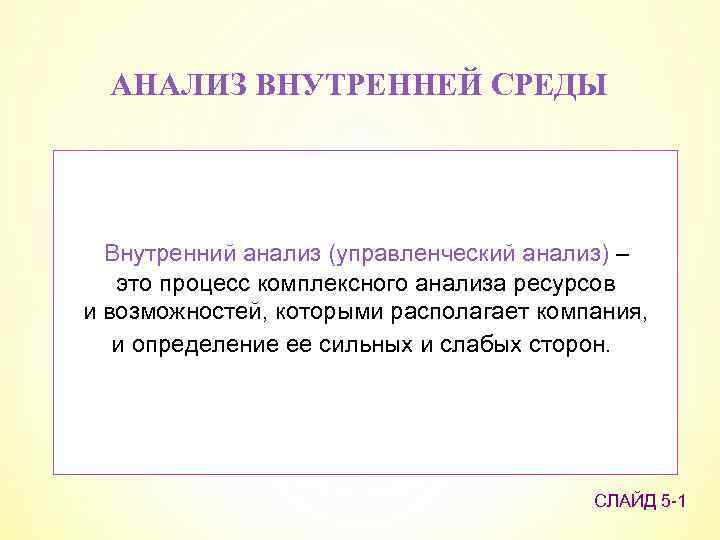 АНАЛИЗ ВНУТРЕННЕЙ СРЕДЫ Внутренний анализ (управленческий анализ) – это процесс комплексного анализа ресурсов и