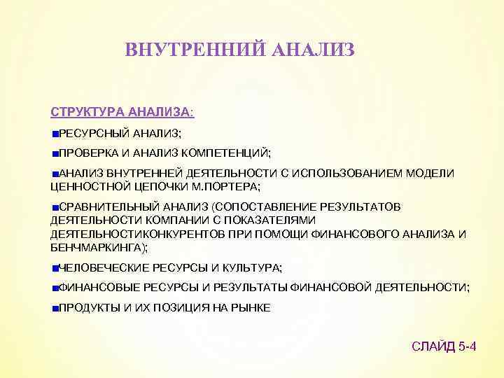 ВНУТРЕННИЙ АНАЛИЗ СТРУКТУРА АНАЛИЗА: РЕСУРСНЫЙ АНАЛИЗ; ПРОВЕРКА И АНАЛИЗ КОМПЕТЕНЦИЙ; АНАЛИЗ ВНУТРЕННЕЙ ДЕЯТЕЛЬНОСТИ С