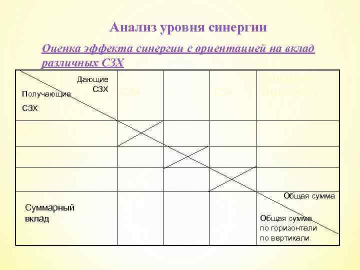 Анализ уровня синергии Оценка эффекта синергии с ориентацией на вклад различных СЗХ Получающие Дающие