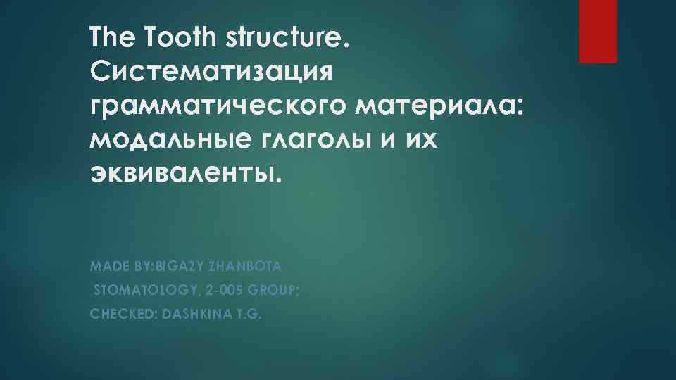 The Tooth structure. Систематизация грамматического материала: модальные глаголы и их эквиваленты. MADE BY: BIGAZY