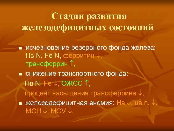  Стадии развития железодефицитных состояний исчезновение резервного фонда железа: Нв N, Fe N, ферритин