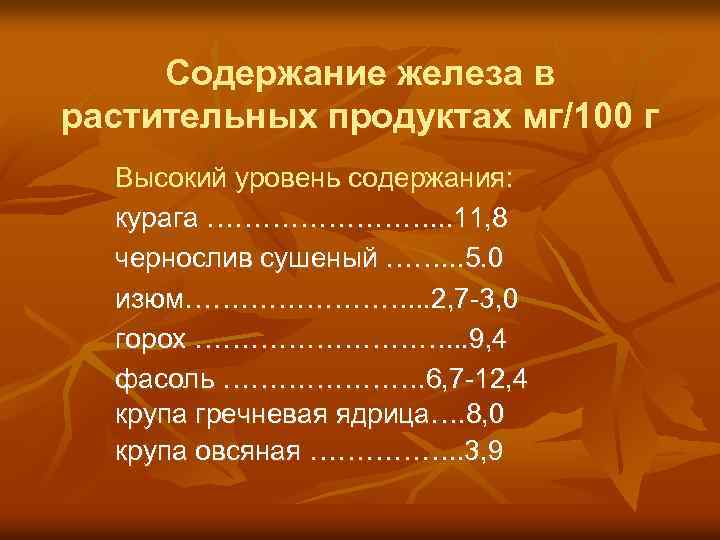 Содержание железа в растительных продуктах мг/100 г Высокий уровень содержания: курага …………. . .