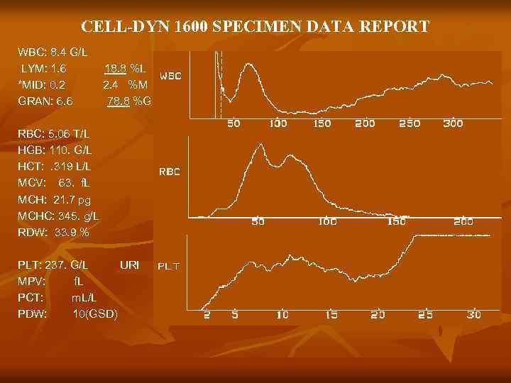 CELL-DYN 1600 SPECIMEN DATA REPORT WBC: 8. 4 G/L LYM: 1. 6 18. 8