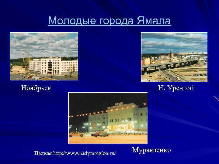Молодые города Ямала Ноябрьск Надым http: //www. nadymregion. ru/ Н. Уренгой Муравленко 