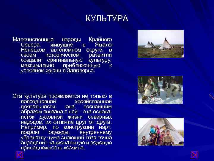 КУЛЬТУРА Малочисленные народы Крайнего Севера, живущие в Ямало. Ненецком автономном округе, в своем историческом