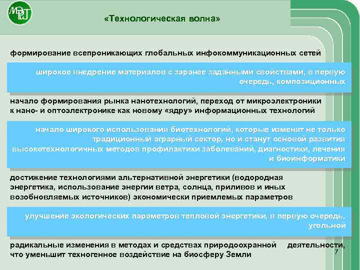  «Технологическая волна» формирование всепроникающих глобальных инфокоммуникационных сетей широкое внедрение материалов с заранее заданными