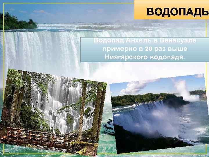 ВОДОПАДЫ Водопад Анхель в Венесуэле примерно в 20 раз выше Ниагарского водопада. 