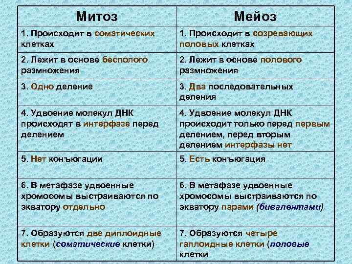 Митоз Мейоз 1. Происходит в соматических клетках 1. Происходит в созревающих половых клетках 2.