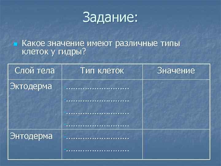 Задание: n Какое значение имеют различные типы клеток у гидры? Слой тела Эктодерма Тип