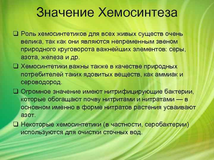 Значение Хемосинтеза q Роль хемосинтетиков для всех живых существ очень велика, так как они