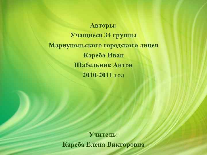 Авторы: Учащиеся 34 группы Мариупольского городского лицея Кареба Иван Шабельник Антон 2010 -2011 год
