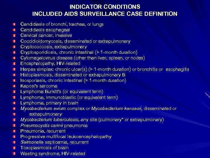 INDICATOR CONDITIONS INCLUDED AIDS SURVEILLANCE CASE DEFINITION Candidiasis of bronchi, trachea, or lungs Candidiasis