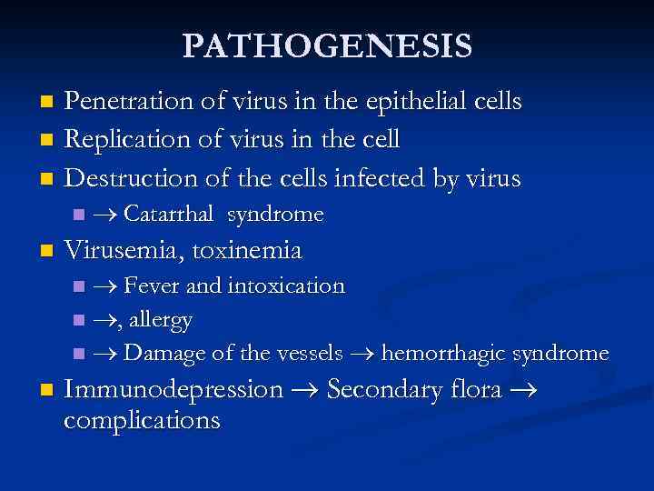 PATHOGENESIS Penetration of virus in the epithelial cells n Replication of virus in the