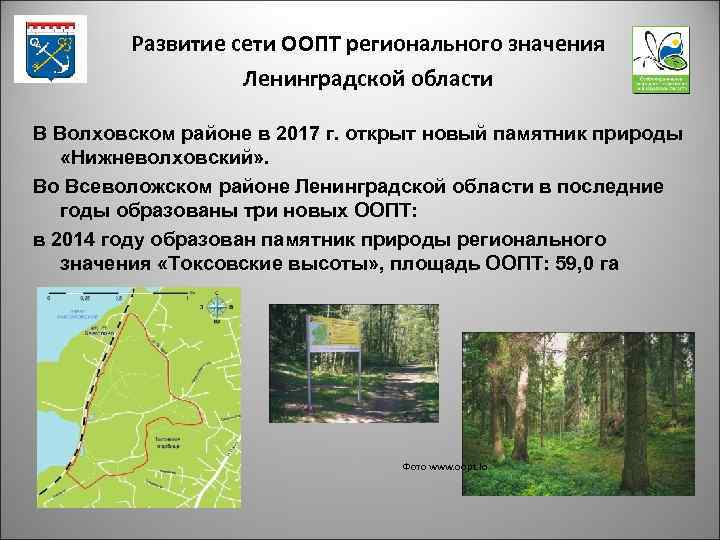 Развитие сети ООПТ регионального значения Ленинградской области В Волховском районе в 2017 г. открыт