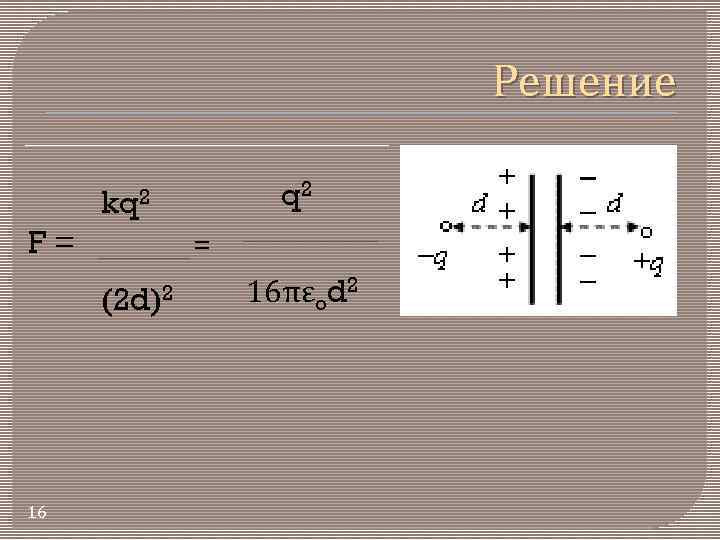 Решение q 2 kq 2 F= = (2 d)2 16 16πεod 2 