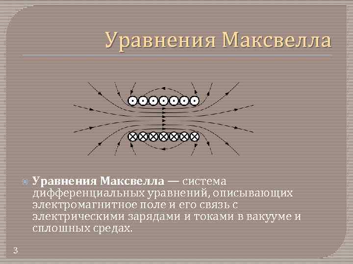 Уравнения Максвелла 3 Уравнения Максвелла — система дифференциальных уравнений, описывающих электромагнитное поле и его