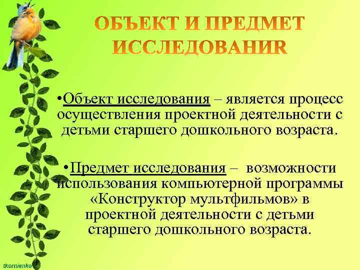 • Объект исследования – является процесс осуществления проектной деятельности с детьми старшего дошкольного