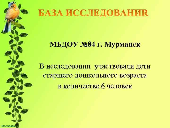 МБДОУ № 84 г. Мурманск В исследовании участвовали дети старшего дошкольного возраста в количестве
