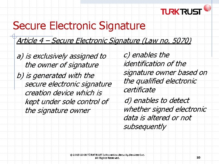 Secure Electronic Signature Article 4 – Secure Electronic Signature (Law no. 5070) a) is
