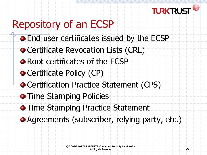 Repository of an ECSP End user certificates issued by the ECSP Certificate Revocation Lists