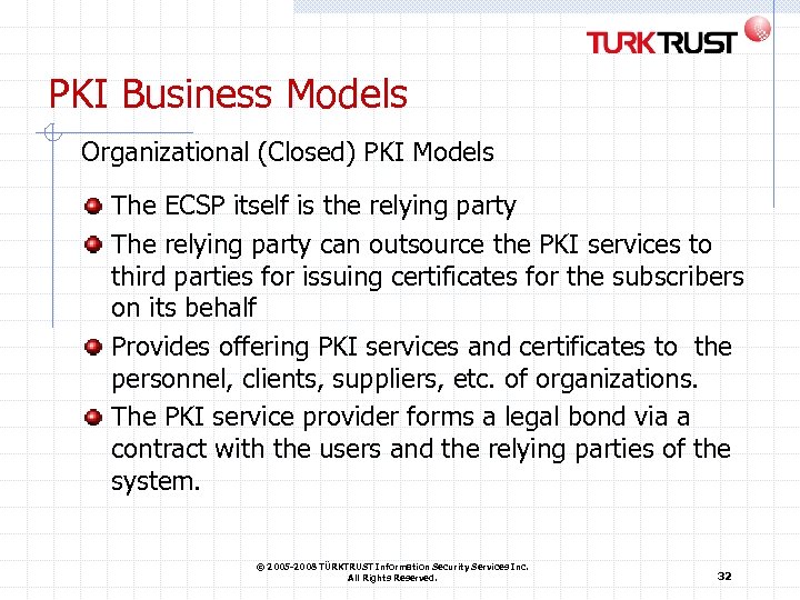 PKI Business Models Organizational (Closed) PKI Models The ECSP itself is the relying party