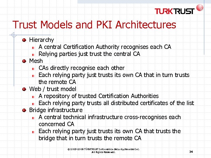 Trust Models and PKI Architectures Hierarchy A central Certification Authority recognises each CA Relying