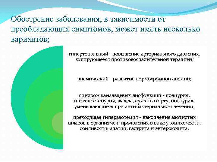 Обострение заболевания, в зависимости от преобладающих симптомов, может иметь несколько вариантов; гипертензивный - повышение