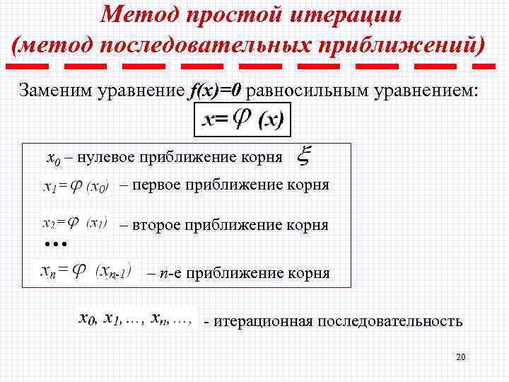 Метод простой итерации (метод последовательных приближений) Заменим уравнение f(x)=0 равносильным уравнением: x 0 –