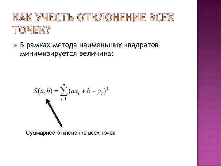 Ø В рамках метода наименьших квадратов минимизируется величина: Суммарное отклонение всех точек 