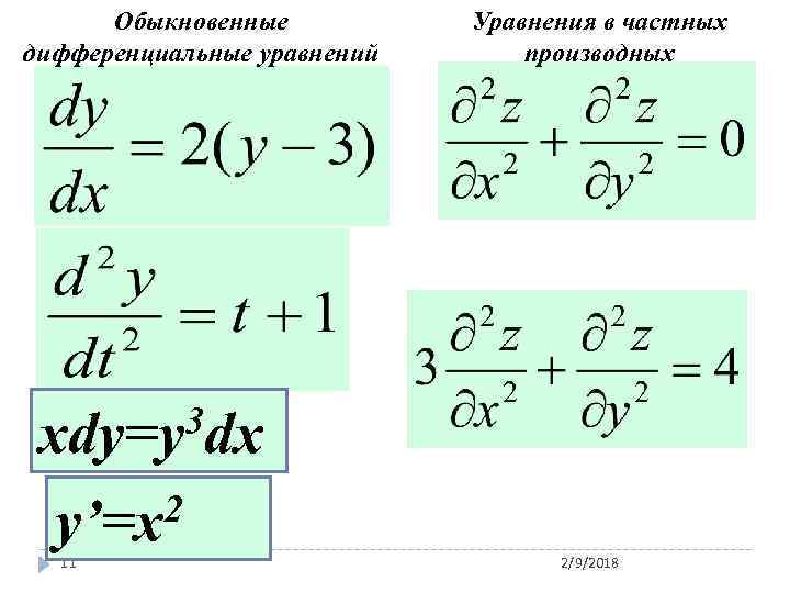 Обыкновенные дифференциальные уравнений Уравнения в частных производных 3 dx xdy=y 2 y’=x 11 2/9/2018
