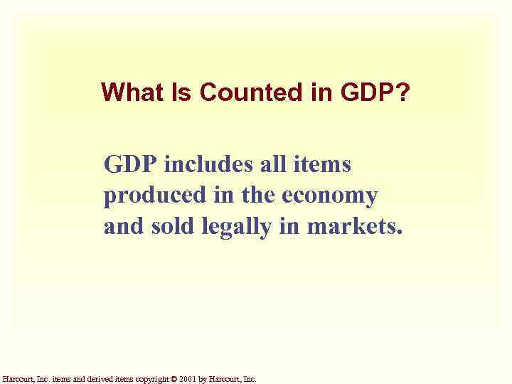 What Is Counted in GDP? GDP includes all items produced in the economy and