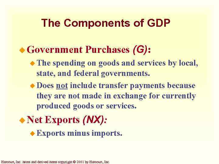 The Components of GDP u Government Purchases (G): u The spending on goods and