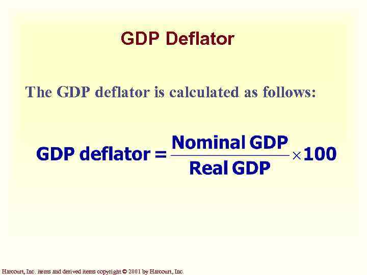 GDP Deflator The GDP deflator is calculated as follows: Harcourt, Inc. items and derived