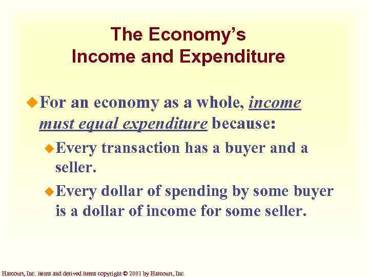 The Economy’s Income and Expenditure u. For an economy as a whole, income must