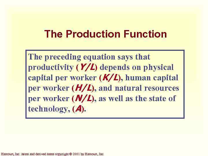 The Production Function The preceding equation says that productivity (Y/L) depends on physical capital