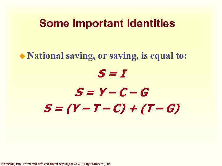 Some Important Identities u National saving, or saving, is equal to: S=I S=Y–C–G S