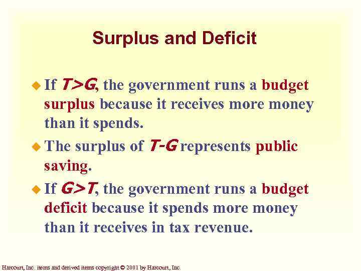 Surplus and Deficit u If T>G, the government runs a budget surplus because it