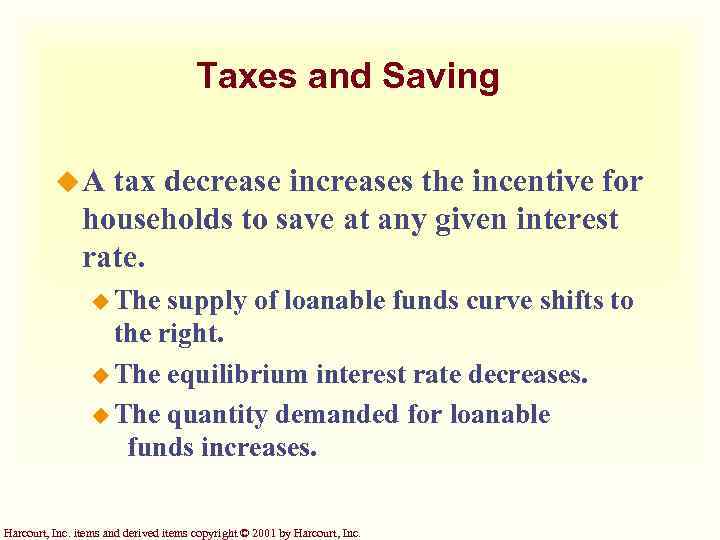 Taxes and Saving u. A tax decrease increases the incentive for households to save