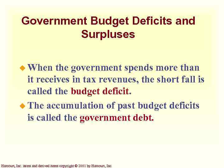 Government Budget Deficits and Surpluses u When the government spends more than it receives