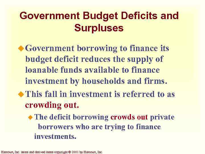 Government Budget Deficits and Surpluses u Government borrowing to finance its budget deficit reduces