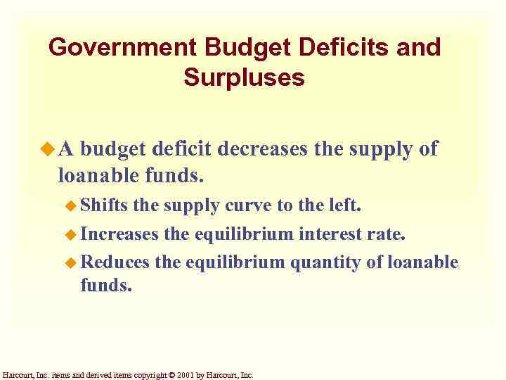 Government Budget Deficits and Surpluses u. A budget deficit decreases the supply of loanable