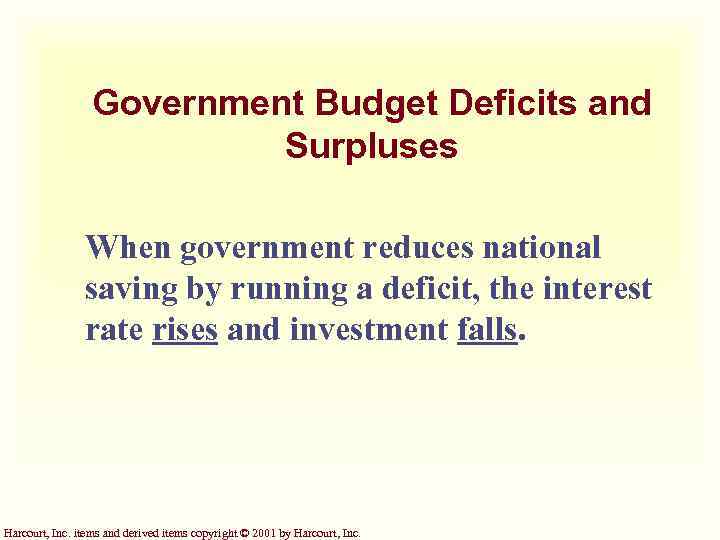 Government Budget Deficits and Surpluses When government reduces national saving by running a deficit,