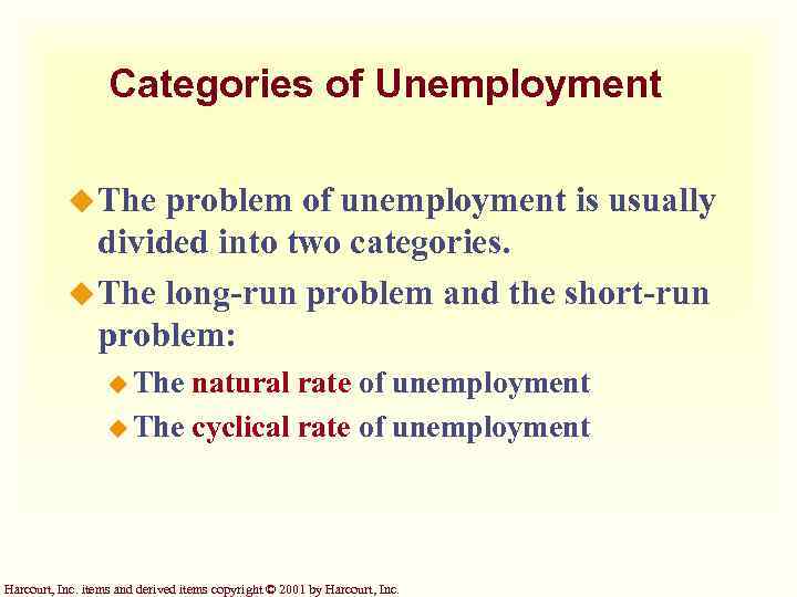 Categories of Unemployment u The problem of unemployment is usually divided into two categories.