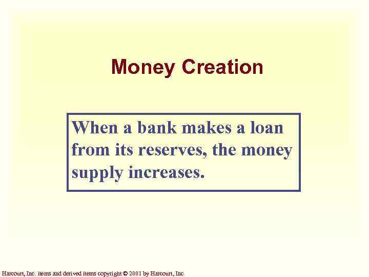 Money Creation When a bank makes a loan from its reserves, the money supply